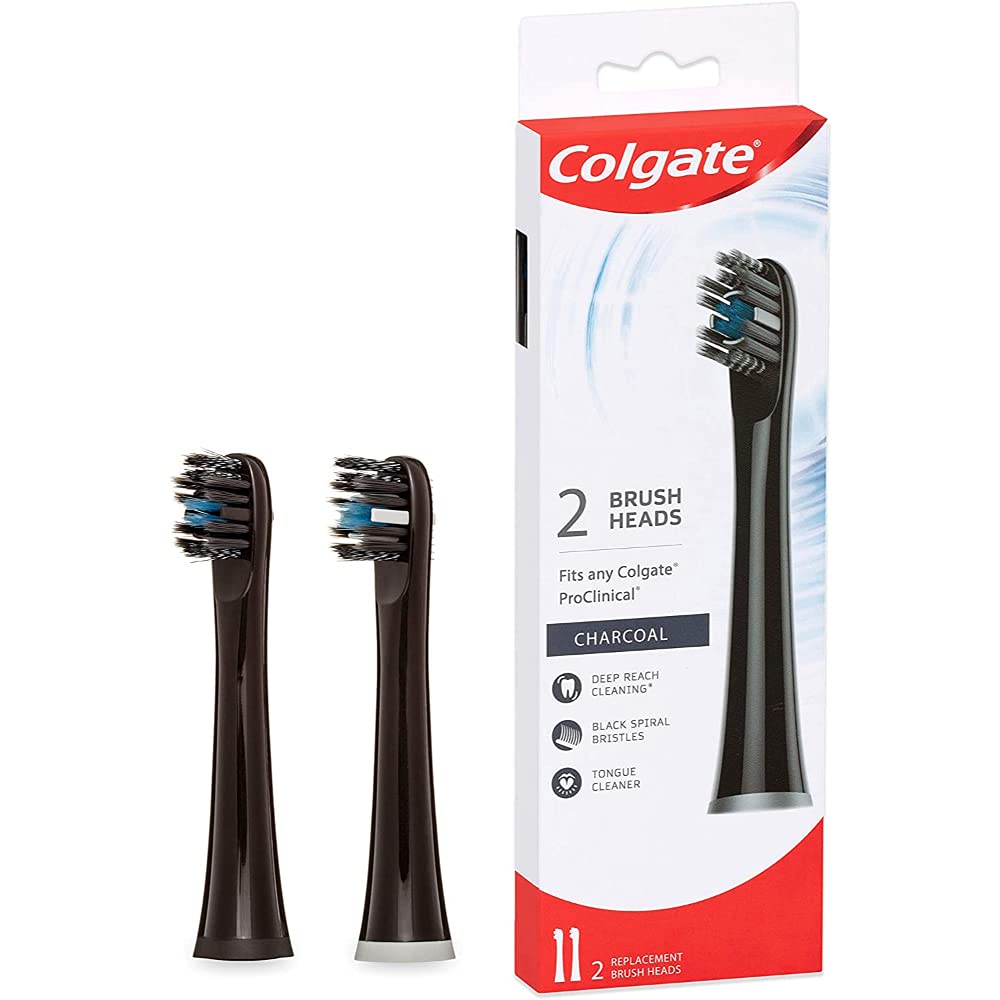 Two black Colgate ProClinical charcoal replacement brush heads