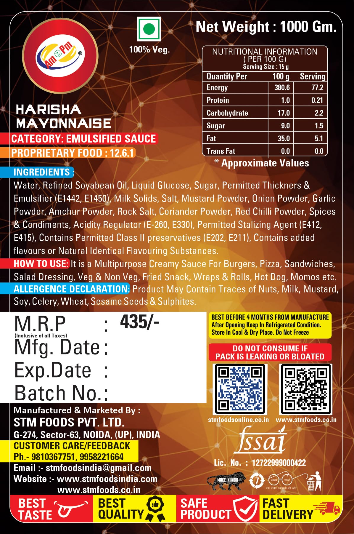 Am 2 Pm - Harissa Dip Multipurpose Creamy Sauce For Burgers, Sandwiches Salad Dressing,Veg Non Veg Fried Snack Wraps & Rolls Hot Dog Momos - 1Kg – view 3