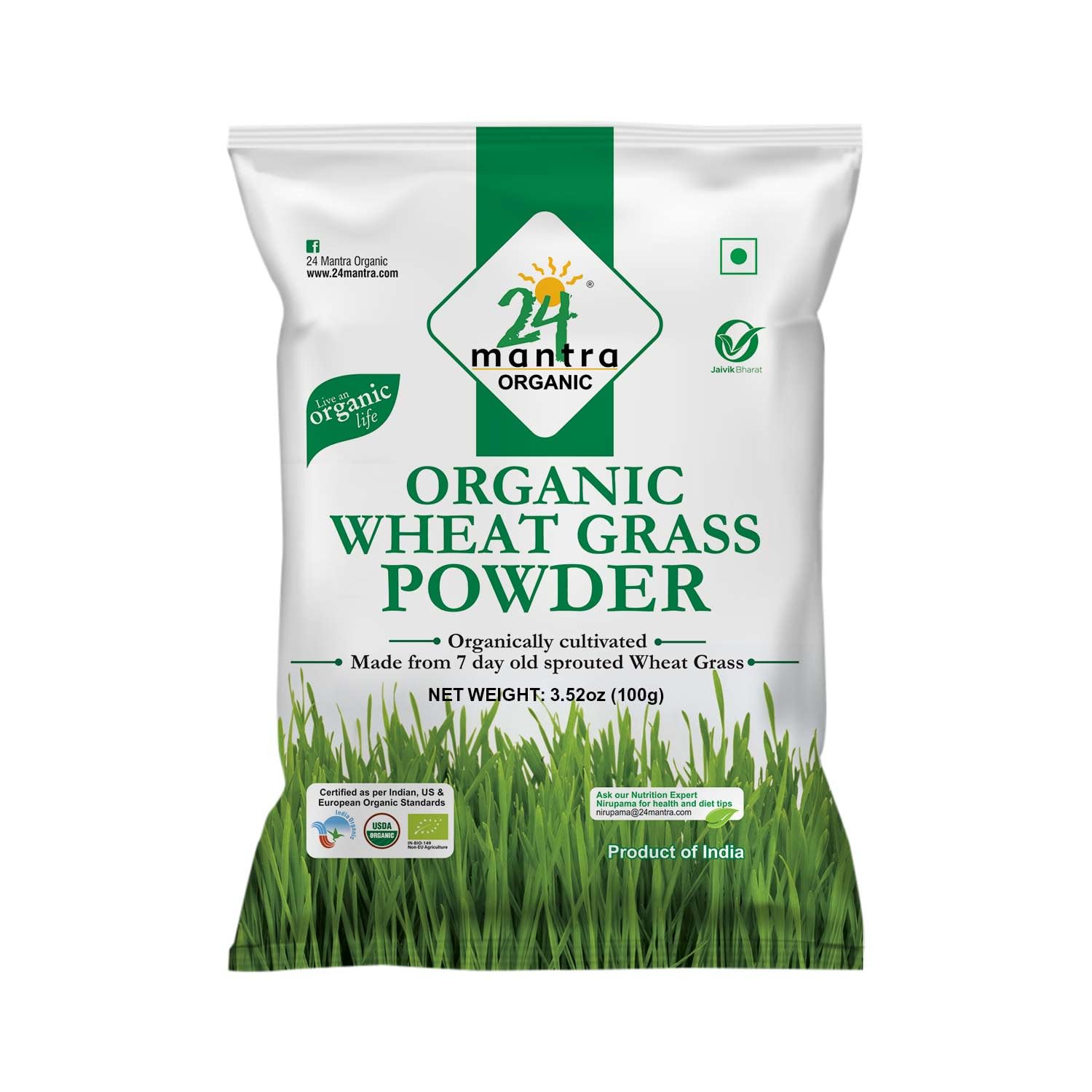 Organic wheat grass powder 100g bag from 24 Mantra Organic