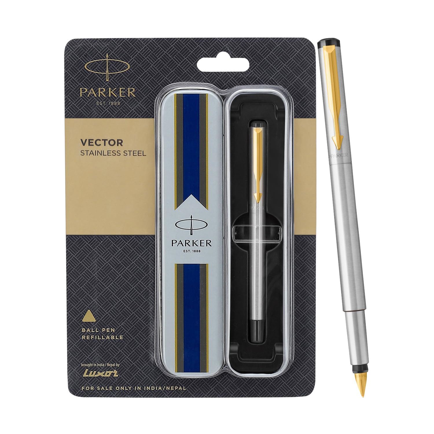 Stainless steel Parker Vector fountain pen with polished nib and gold clip