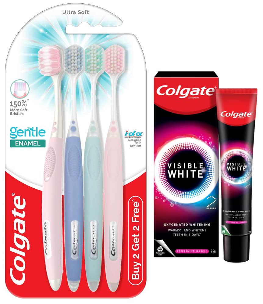 Colgate Gentle Enamel Ultra Soft Bristles Manual Toothbrush for adults, 4 Pcs & Colgate Visible White O2, Teeth Whitening Toothpaste, Peppermint Sparkle, 25g – view 1