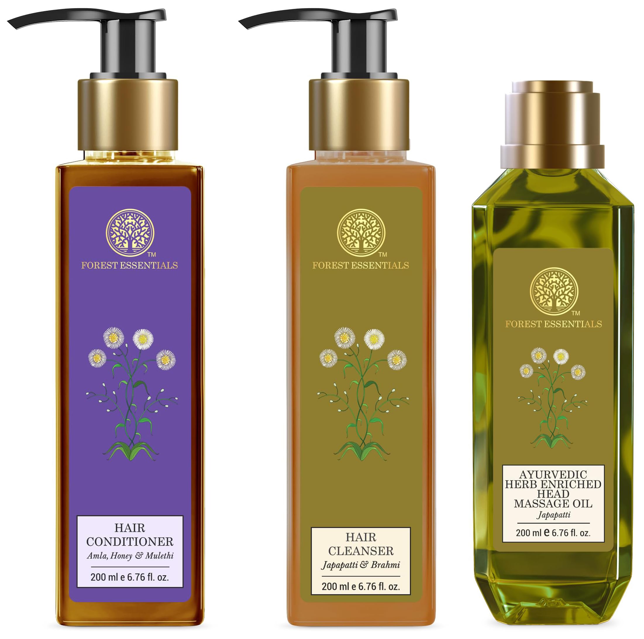 Forest Essentials Ayurvedic hair care bundle with oil and cleansers
