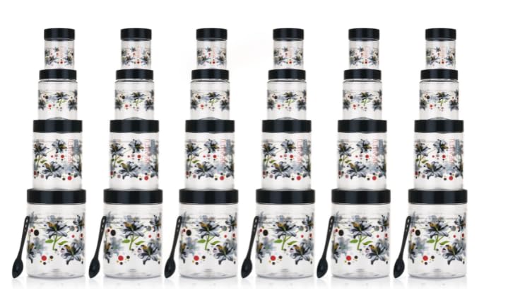 Qshare Flower Printed Storage Containers - Plastic Storage Organiser Jar Set for Kitchen with Airtight Lid Spoon, 1200ml, 650ml, 350ml & 250ml Dabba for Snacks, Grains Dry Fruits (Black, Set Of 24pc)