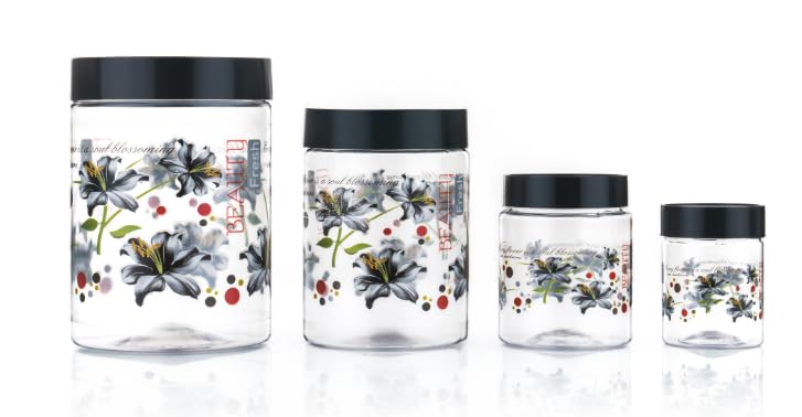 Qshare Flower Printed Storage Containers - Plastic Storage Organiser Jar Set for Kitchen with Airtight Lid Spoon, 1200ml, 650ml, 350ml & 250ml Dabba for Snacks, Grains Dry Fruits (Black, Set Of 24pc) – view 2