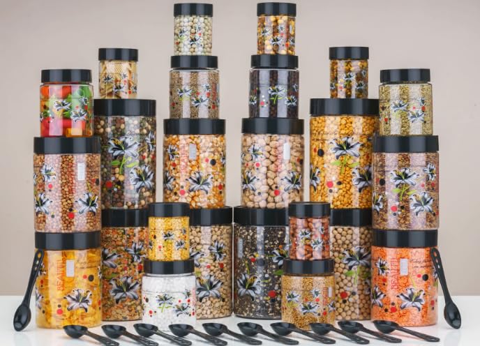 Qshare Flower Printed Storage Containers - Plastic Storage Organiser Jar Set for Kitchen with Airtight Lid Spoon, 1200ml, 650ml, 350ml & 250ml Dabba for Snacks, Grains Dry Fruits (Black, Set Of 24pc) – view 3