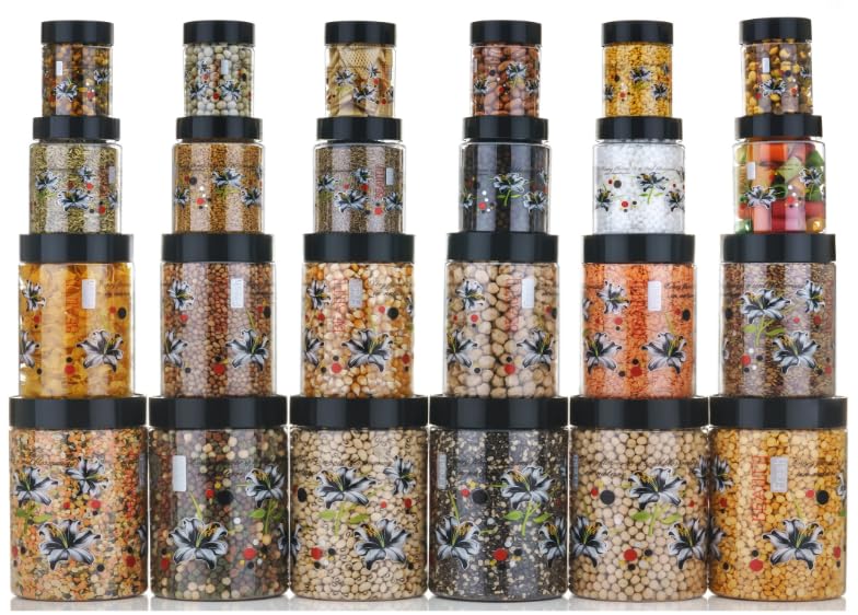 Qshare Flower Printed Storage Containers - Plastic Storage Organiser Jar Set for Kitchen with Airtight Lid Spoon, 1200ml, 650ml, 350ml & 250ml Dabba for Snacks, Grains Dry Fruits (Black, Set Of 24pc) – view 4