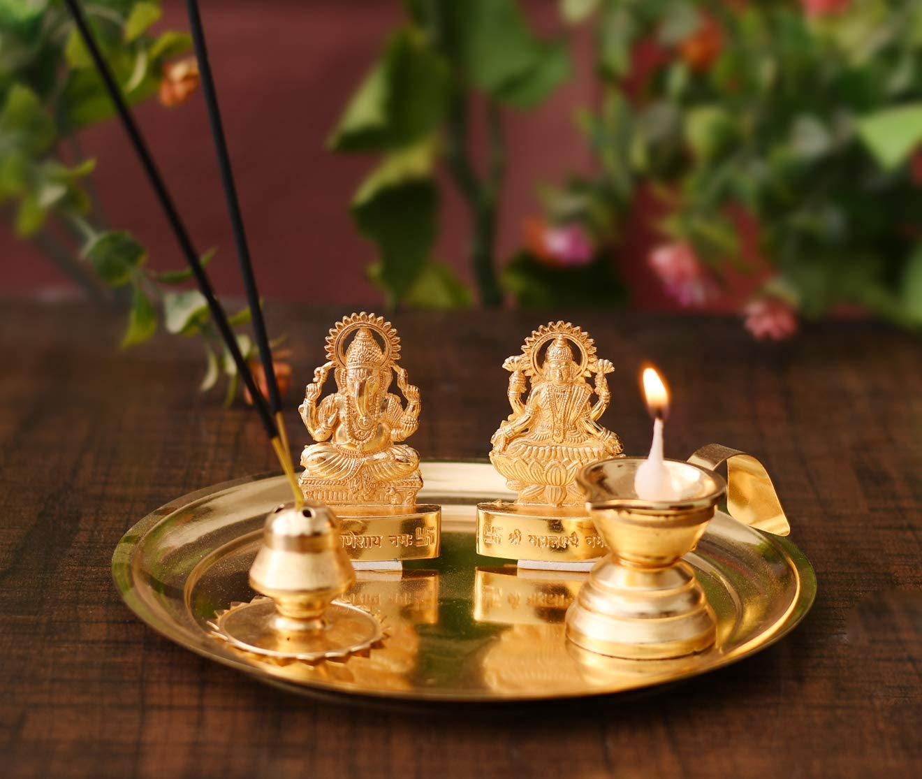 Collectible India Pooja thali Set for Aarti Home - Metal Laxmi Ganesh Idol Showpiece -Bhai Dooj Duj Traditional Diya Oil Puja Lamp - Agarbatti Incense Stick Holders