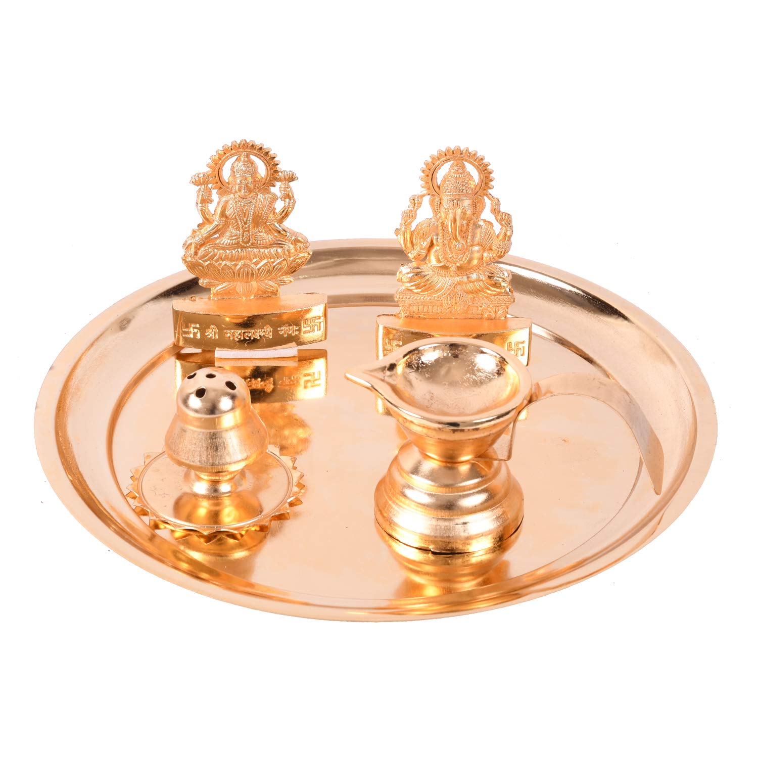 Collectible India Pooja thali Set for Aarti Home - Metal Laxmi Ganesh Idol Showpiece -Bhai Dooj Duj Traditional Diya Oil Puja Lamp - Agarbatti Incense Stick Holders – view 2