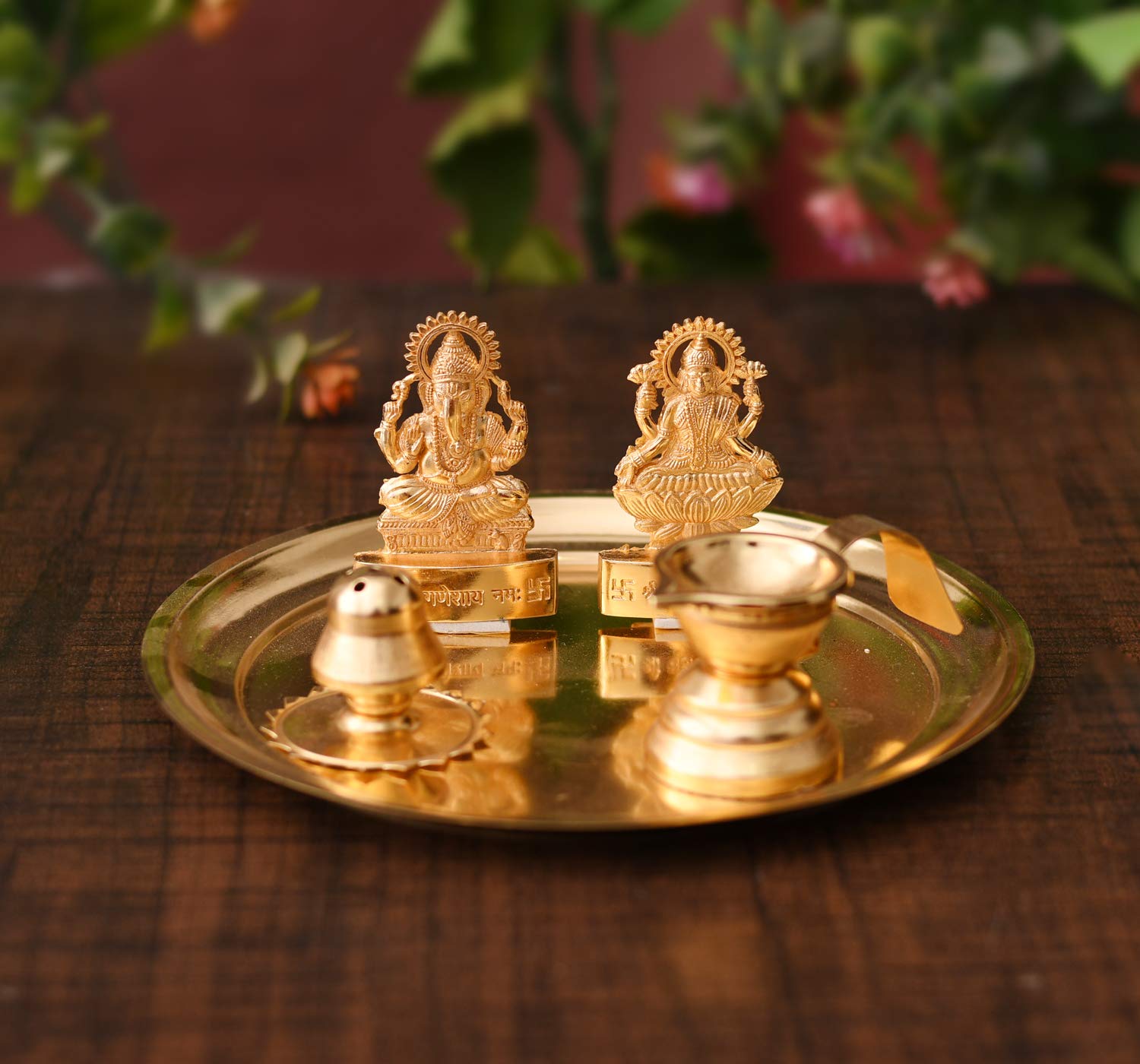 Collectible India Pooja thali Set for Aarti Home - Metal Laxmi Ganesh Idol Showpiece -Bhai Dooj Duj Traditional Diya Oil Puja Lamp - Agarbatti Incense Stick Holders – view 3