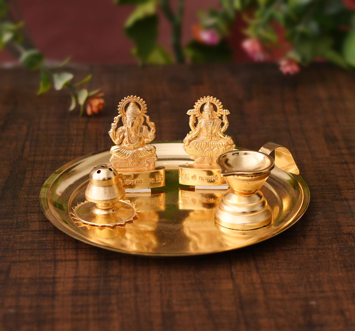 Collectible India Pooja thali Set for Aarti Home - Metal Laxmi Ganesh Idol Showpiece -Bhai Dooj Duj Traditional Diya Oil Puja Lamp - Agarbatti Incense Stick Holders – view 4