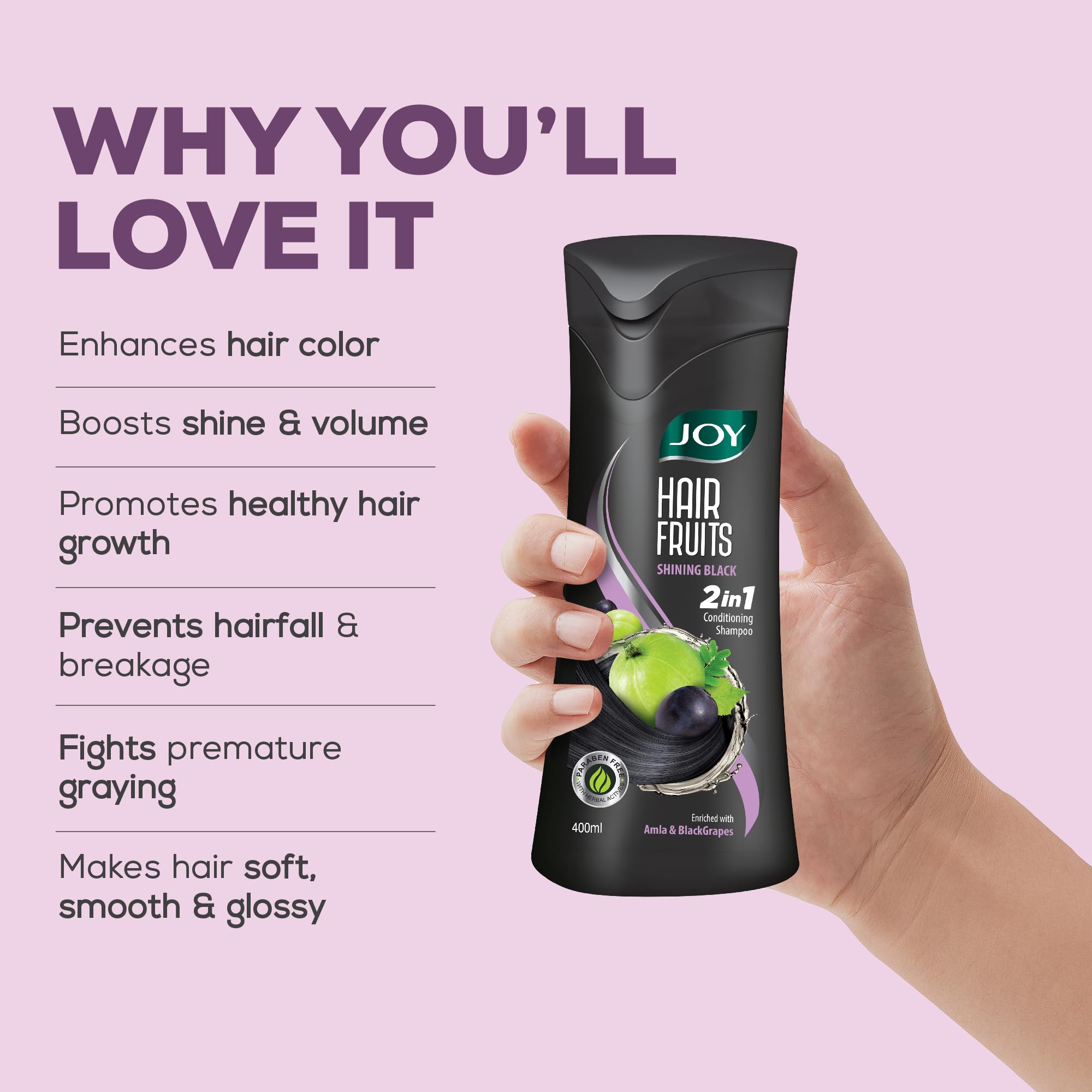 Joy Hair Fruits Shining Black Conditioning Shampoo Enriched with Amla & Black Grapes, 340 ml – view 4