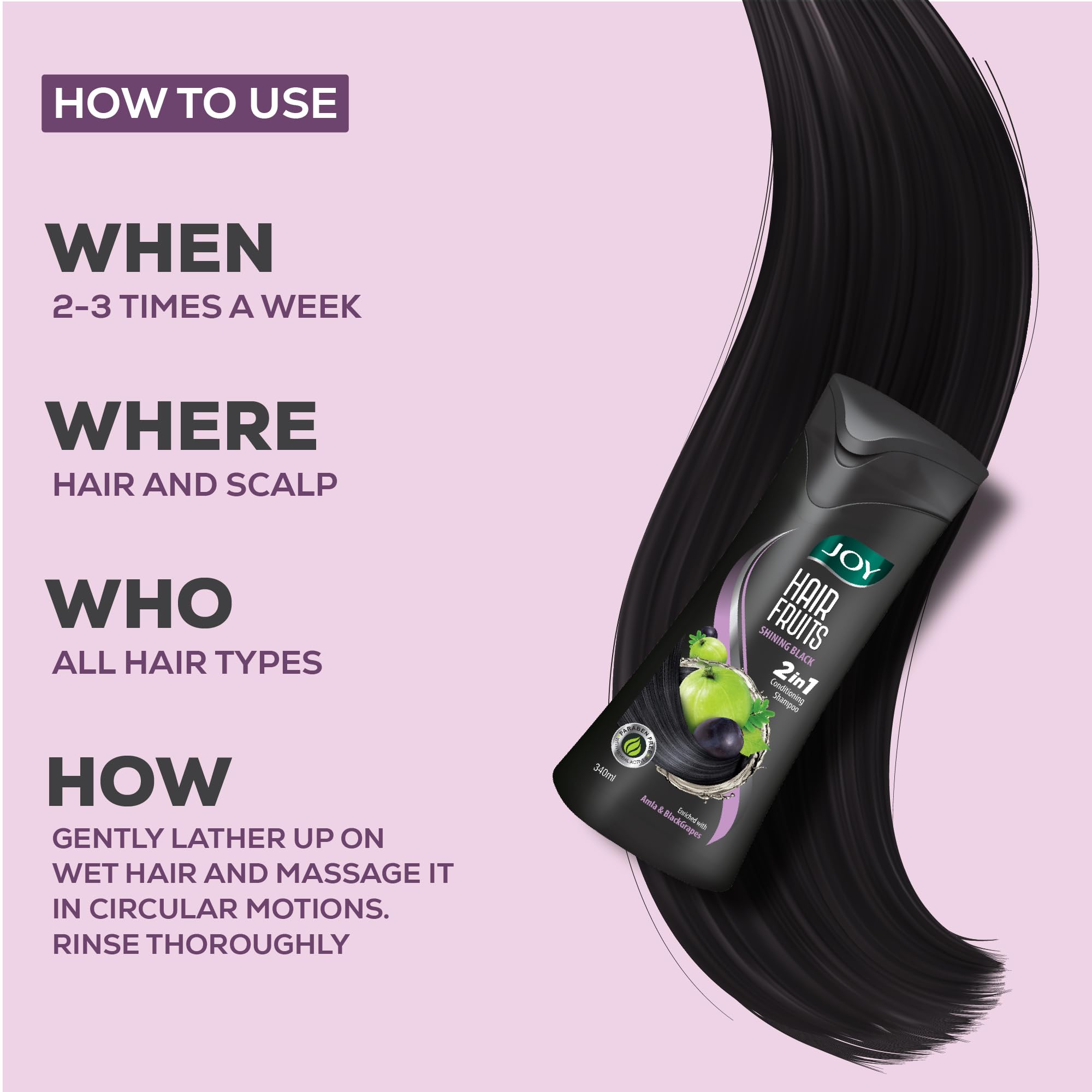Joy Hair Fruits Shining Black Conditioning Shampoo Enriched with Amla & Black Grapes, 340 ml – view 7