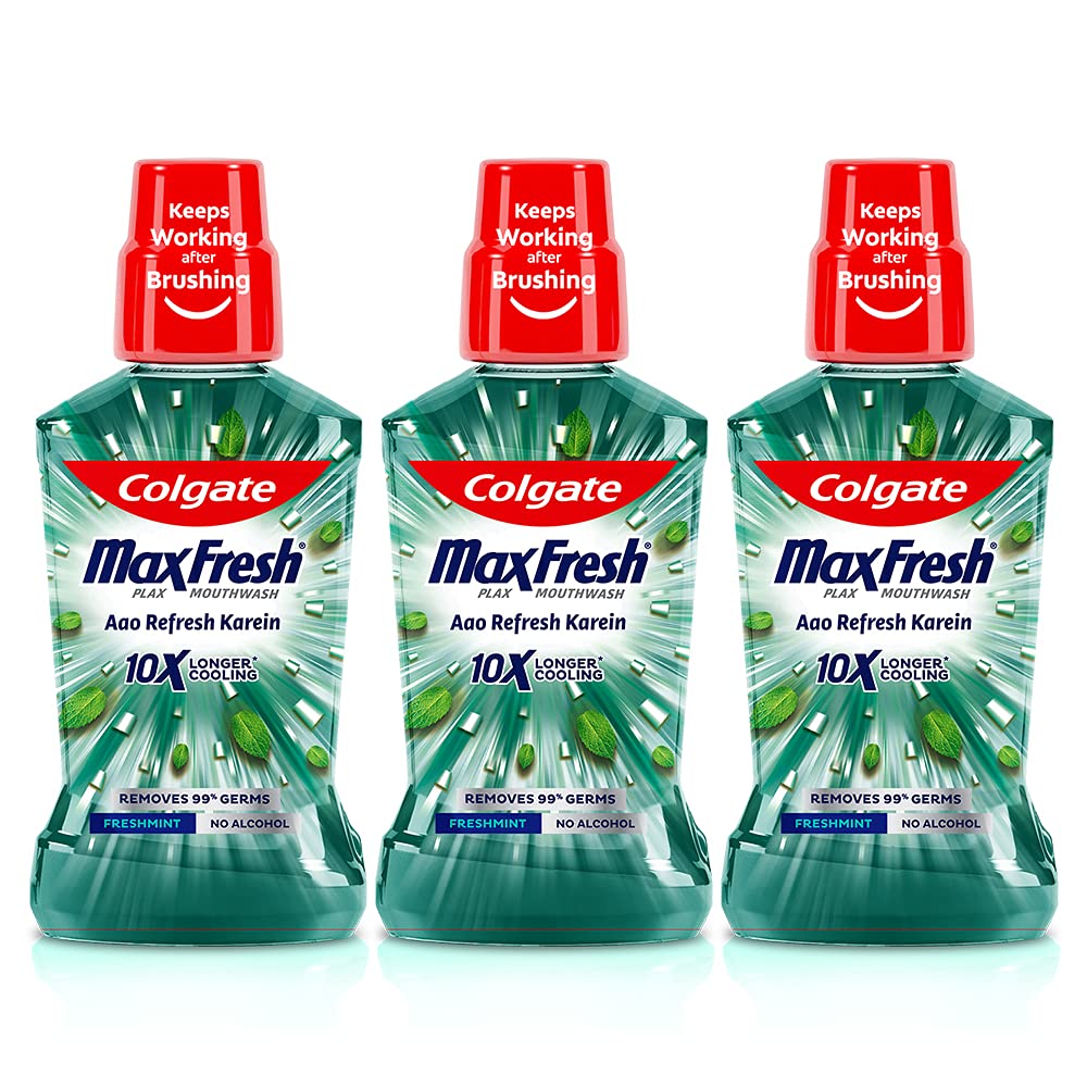 Three bottles of Colgate MaxFresh Plax alcohol-free mouthwash