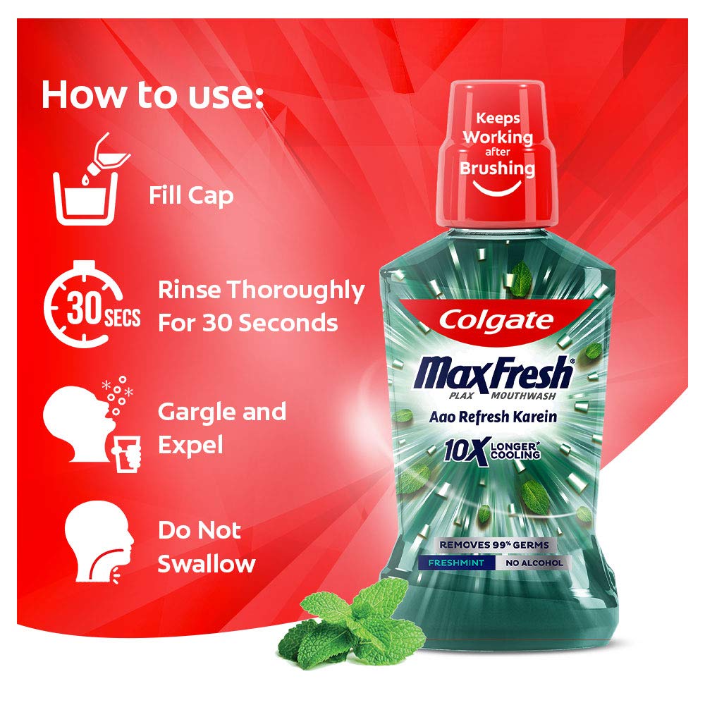 Colgate MaxFresh Plax Antibacterial Mouthwash, 750ml (Pack of 3 x 250ml), Fresh Mint, 24/7 Fresh Breath, 10X longer cooling – view 5