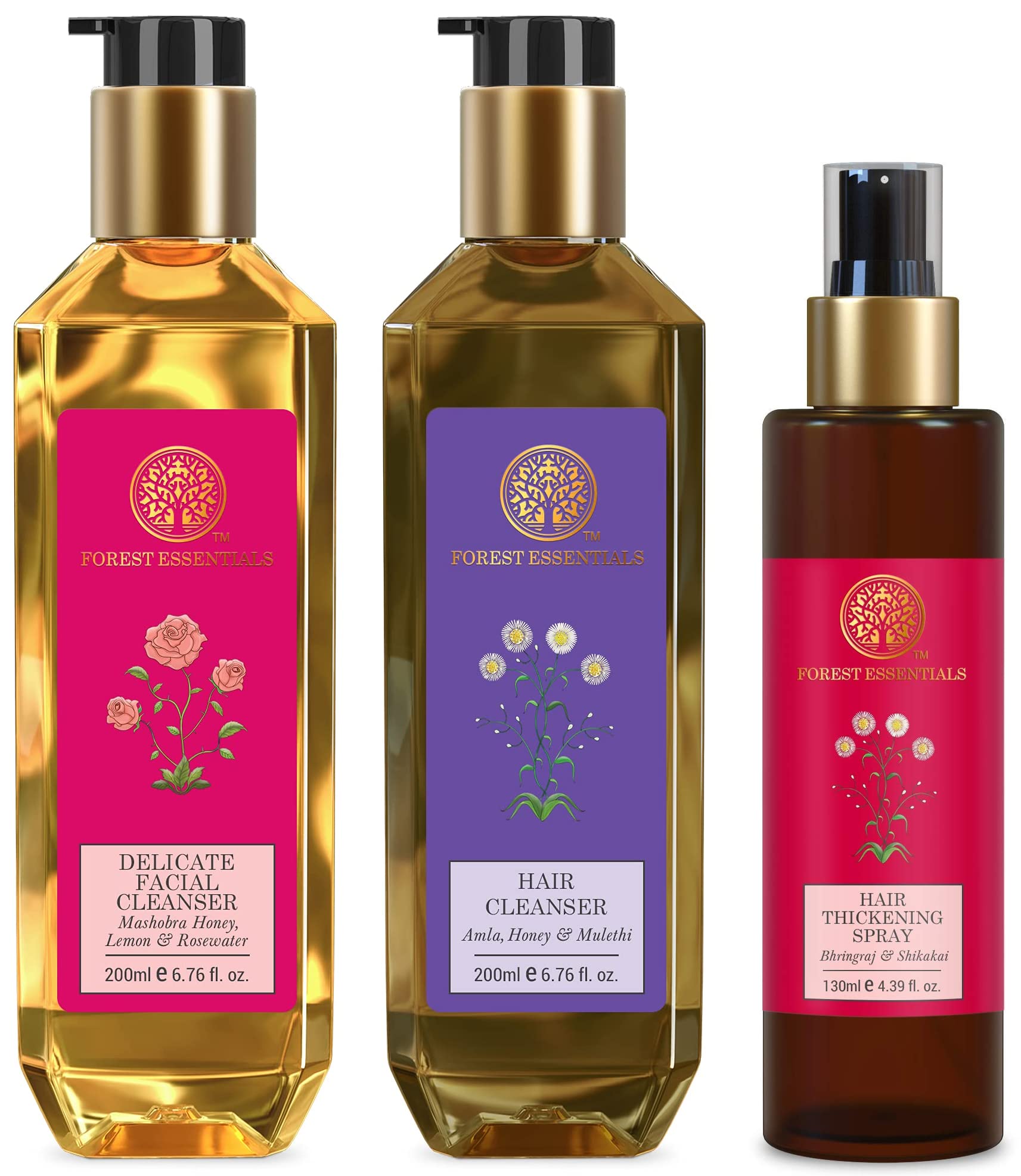 Forest Essentials hair spray, facial cleanser and hair cleanser trio