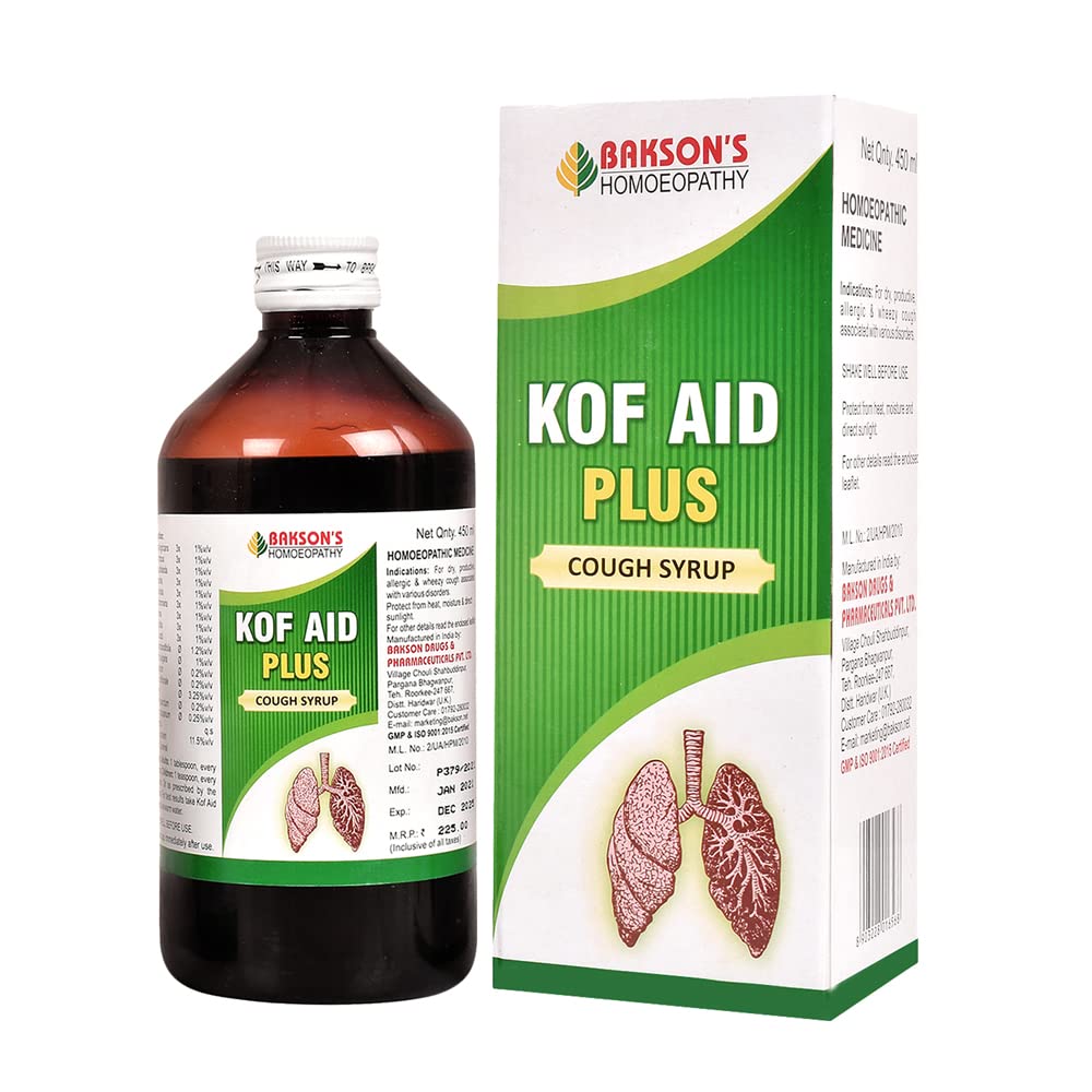 Front view of Bakson's Kof Aid Plus Syrup 450 ml bottle