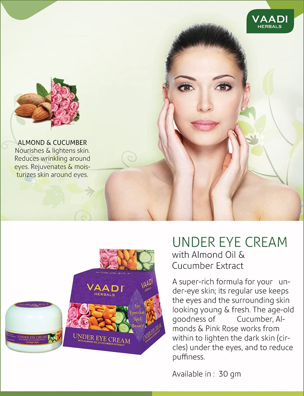 Vaadi Herbals Under Eye Cream, Almond Oil and Cucumber Extract, 30g x 3 – view 6