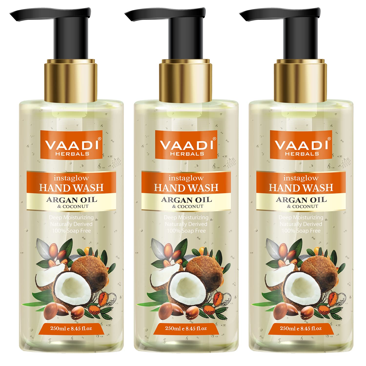Three bottles of Vaadi Herbals argan oil coconut hand wash