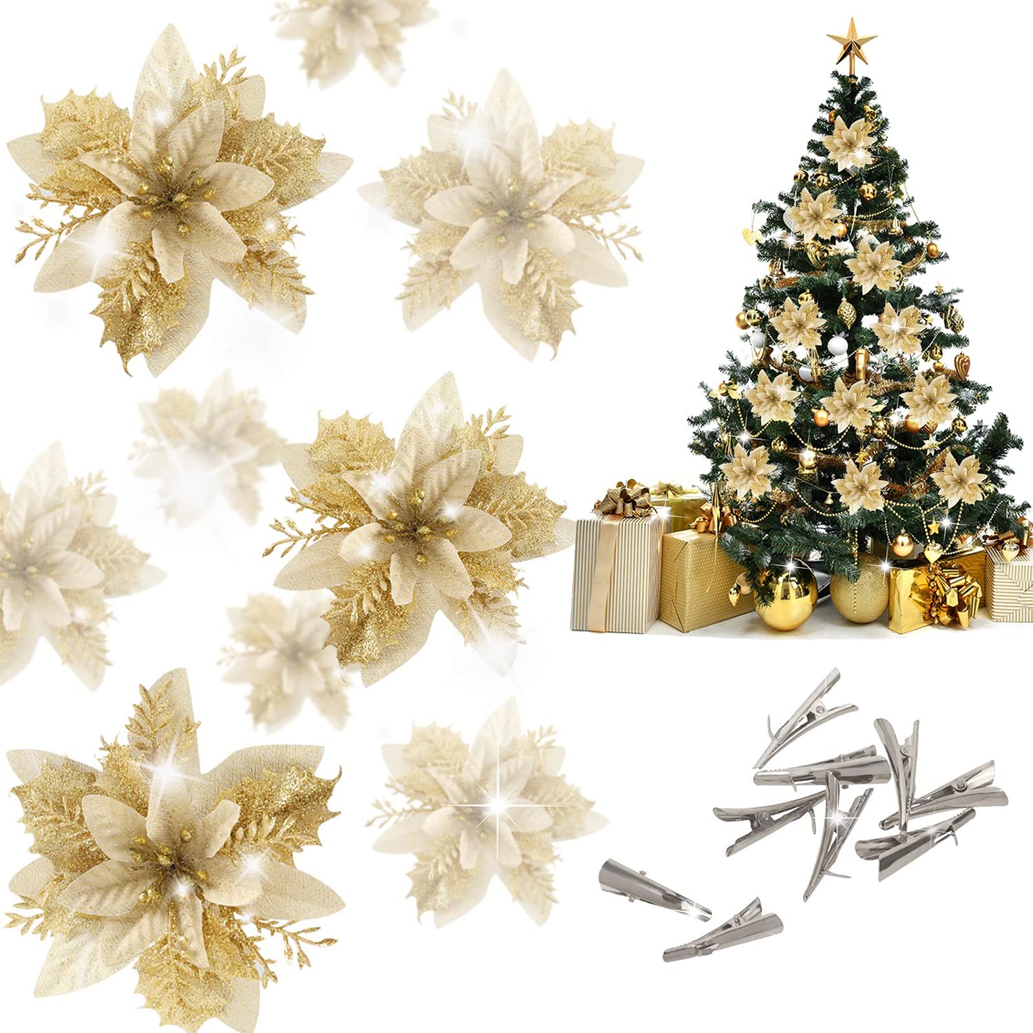 Set of gold glitter poinsettia flowers for holiday wreaths and trees