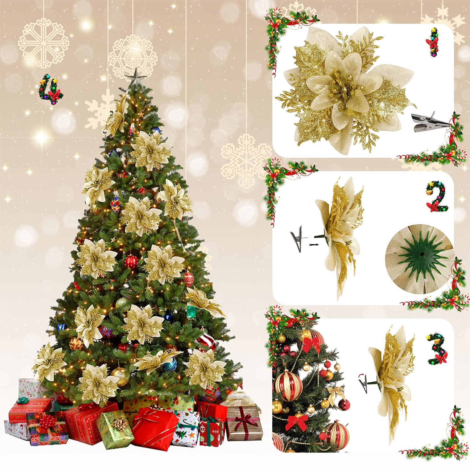 BAOTUJIA 12Pcs Christmas Poinsettias Flowers Decoration Artificial Flowers for Christmas Tree Ornaments Suitable for Home Christmas Decorations Xmas Tree Decorations Items Wreath Making, Gold – view 4
