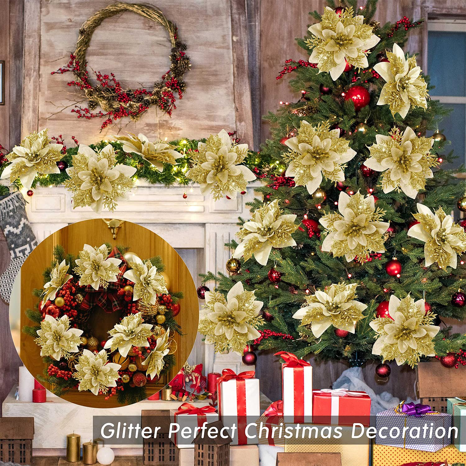 BAOTUJIA 12Pcs Christmas Poinsettias Flowers Decoration Artificial Flowers for Christmas Tree Ornaments Suitable for Home Christmas Decorations Xmas Tree Decorations Items Wreath Making, Gold – view 5