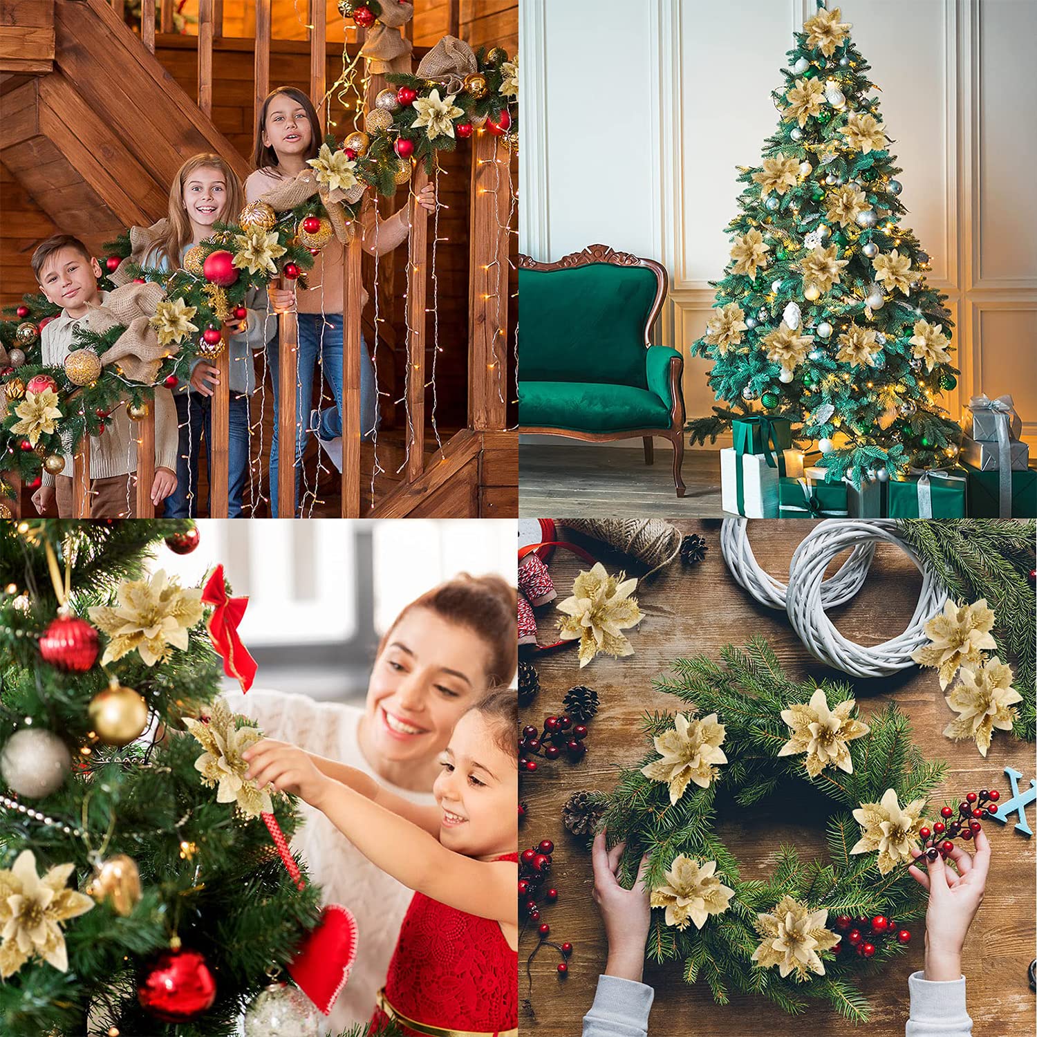 BAOTUJIA 12Pcs Christmas Poinsettias Flowers Decoration Artificial Flowers for Christmas Tree Ornaments Suitable for Home Christmas Decorations Xmas Tree Decorations Items Wreath Making, Gold – view 6
