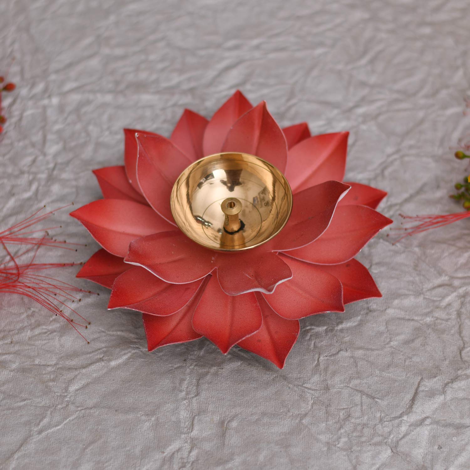 Collectible India Lotus Diya Pooja Oil Lamp - Diwali Home Decoration Items,Large Metal Handpainted Deepak -Home Temple Puja Articles Decor (Red 5.5 X 1.5 Inch)