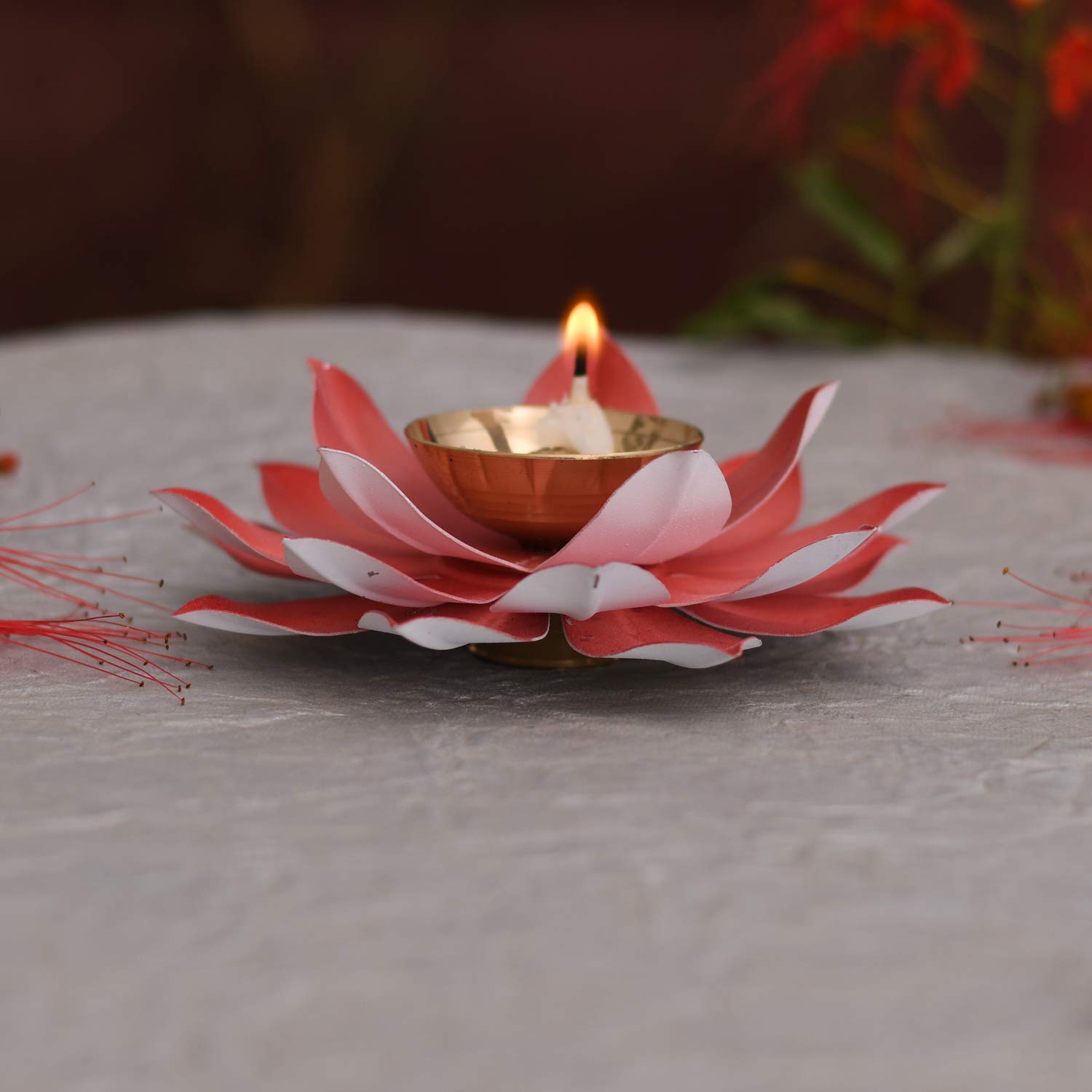 Collectible India Lotus Diya Pooja Oil Lamp - Diwali Home Decoration Items,Large Metal Handpainted Deepak -Home Temple Puja Articles Decor (Red 5.5 X 1.5 Inch) – view 2