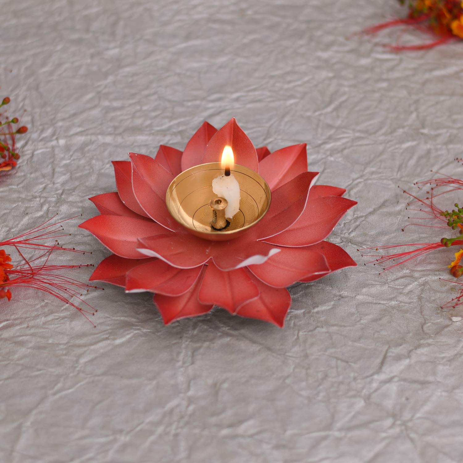Collectible India Lotus Diya Pooja Oil Lamp - Diwali Home Decoration Items,Large Metal Handpainted Deepak -Home Temple Puja Articles Decor (Red 5.5 X 1.5 Inch) – view 3