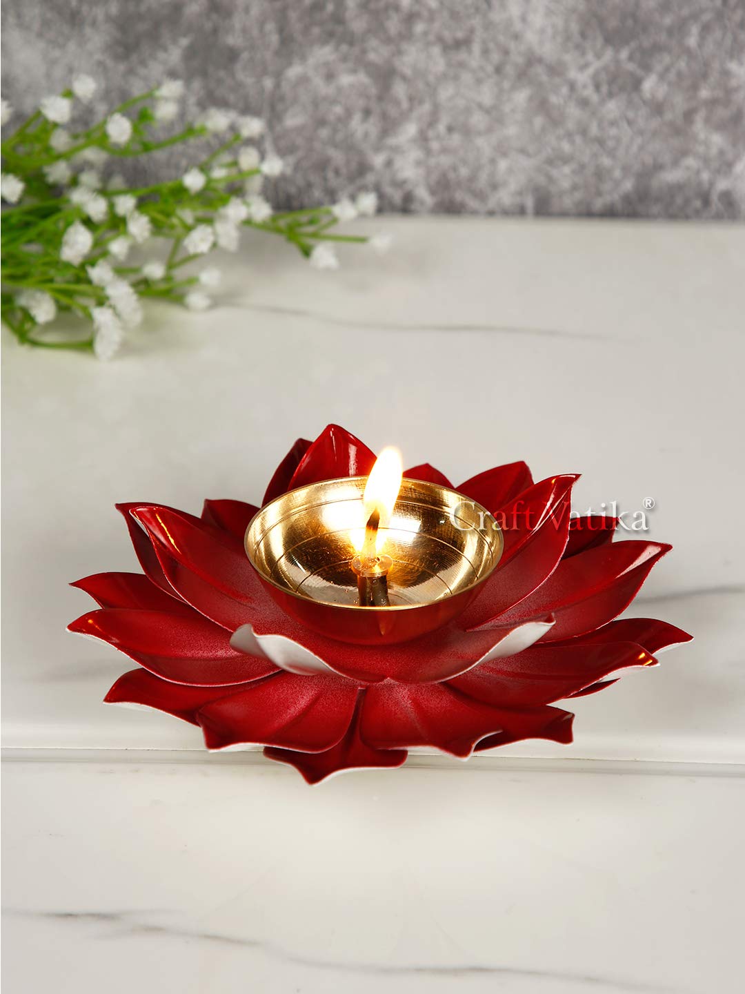 Collectible India Lotus Diya Pooja Oil Lamp - Diwali Home Decoration Items,Large Metal Handpainted Deepak -Home Temple Puja Articles Decor (Red 5.5 X 1.5 Inch) – view 4