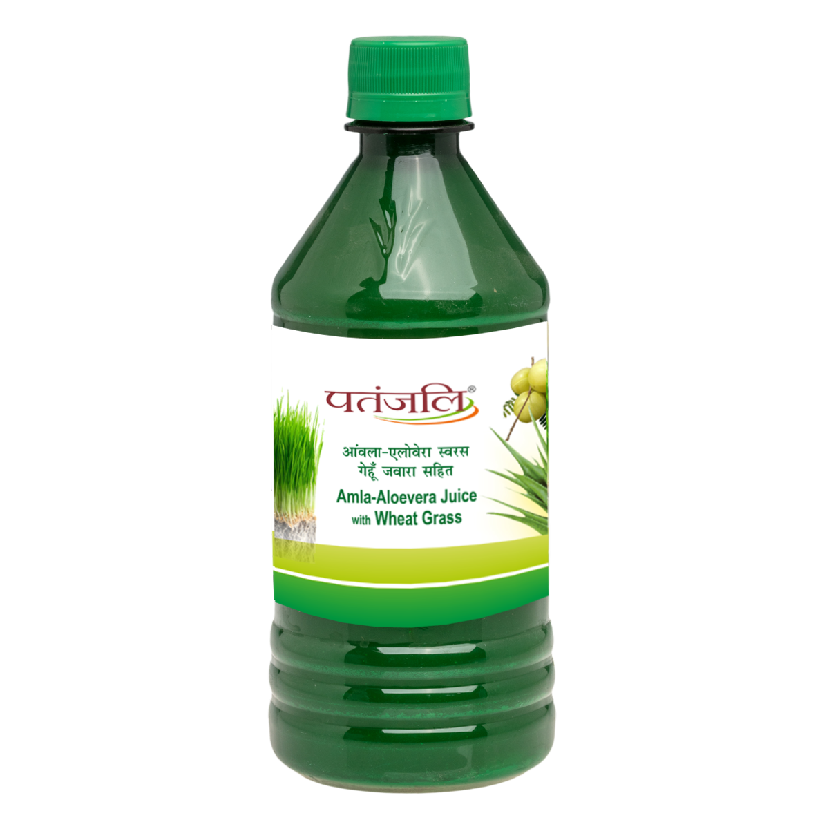 Front view of Patanjali Amla Aloe Vera Wheatgrass Juice bottle