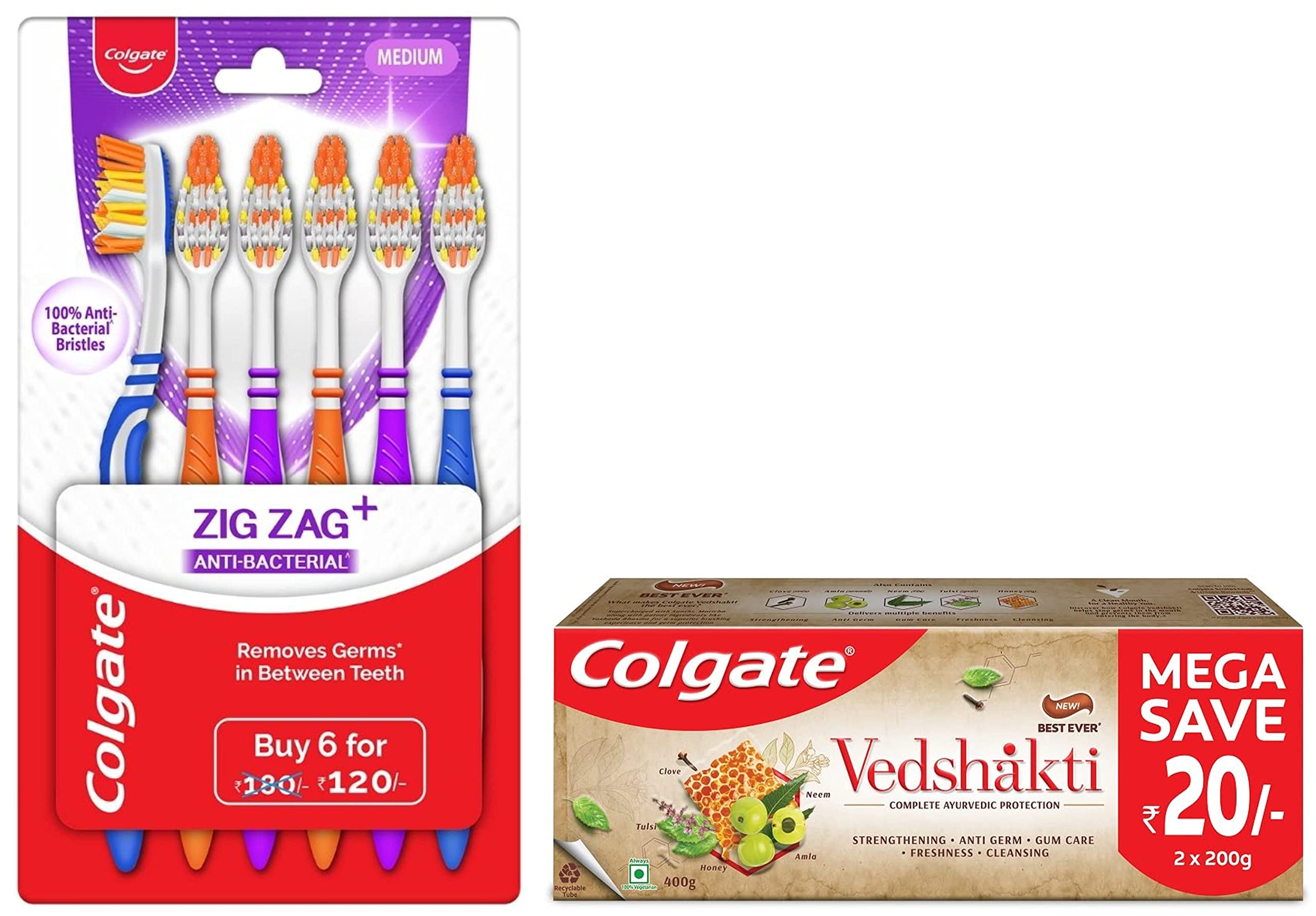 Colgate ayurvedic toothpaste set with six ZigZag adult toothbrushes