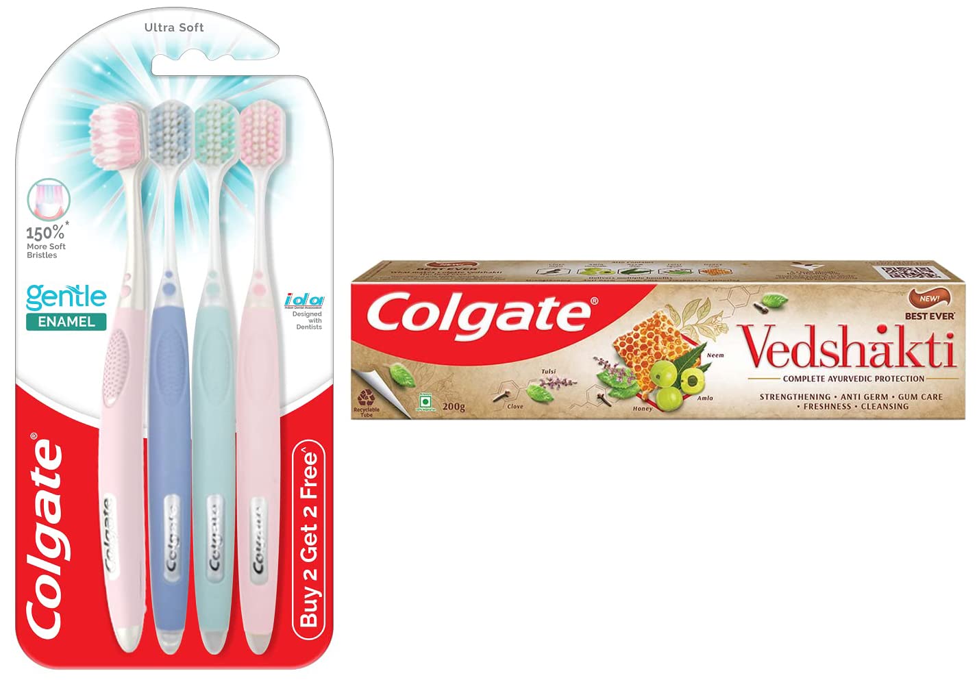 Four Colgate adult toothbrushes with ayurvedic toothpaste pack