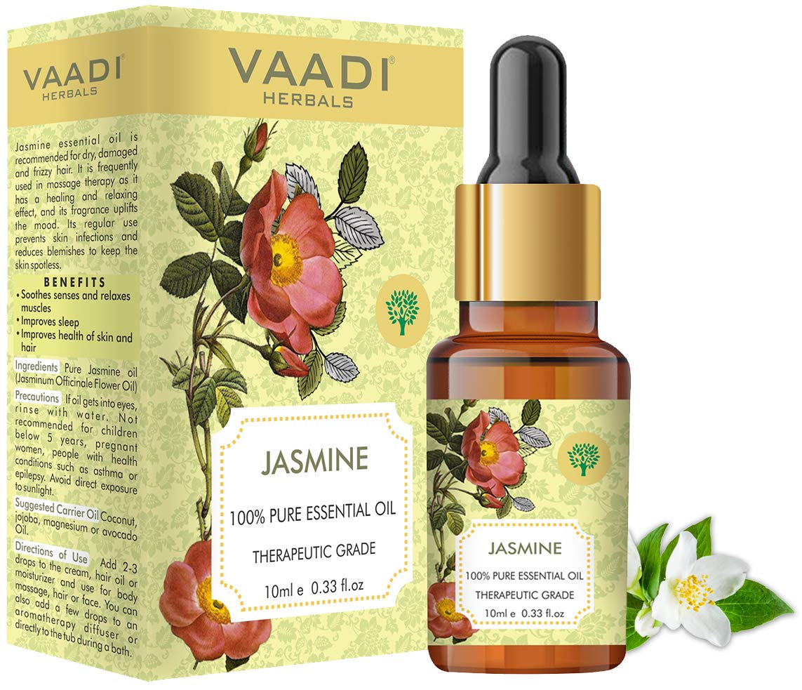 Front view of VAADI HERBALS jasmine essential oil bottle