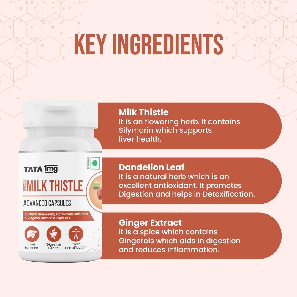 Tata 1mg Milk Thistle Veg Capsule for Liver Detox, 70% Silymarin with Dandelion & Ginger, For Liver Health,For Men & Women, Pack of 60 capsules – view 5