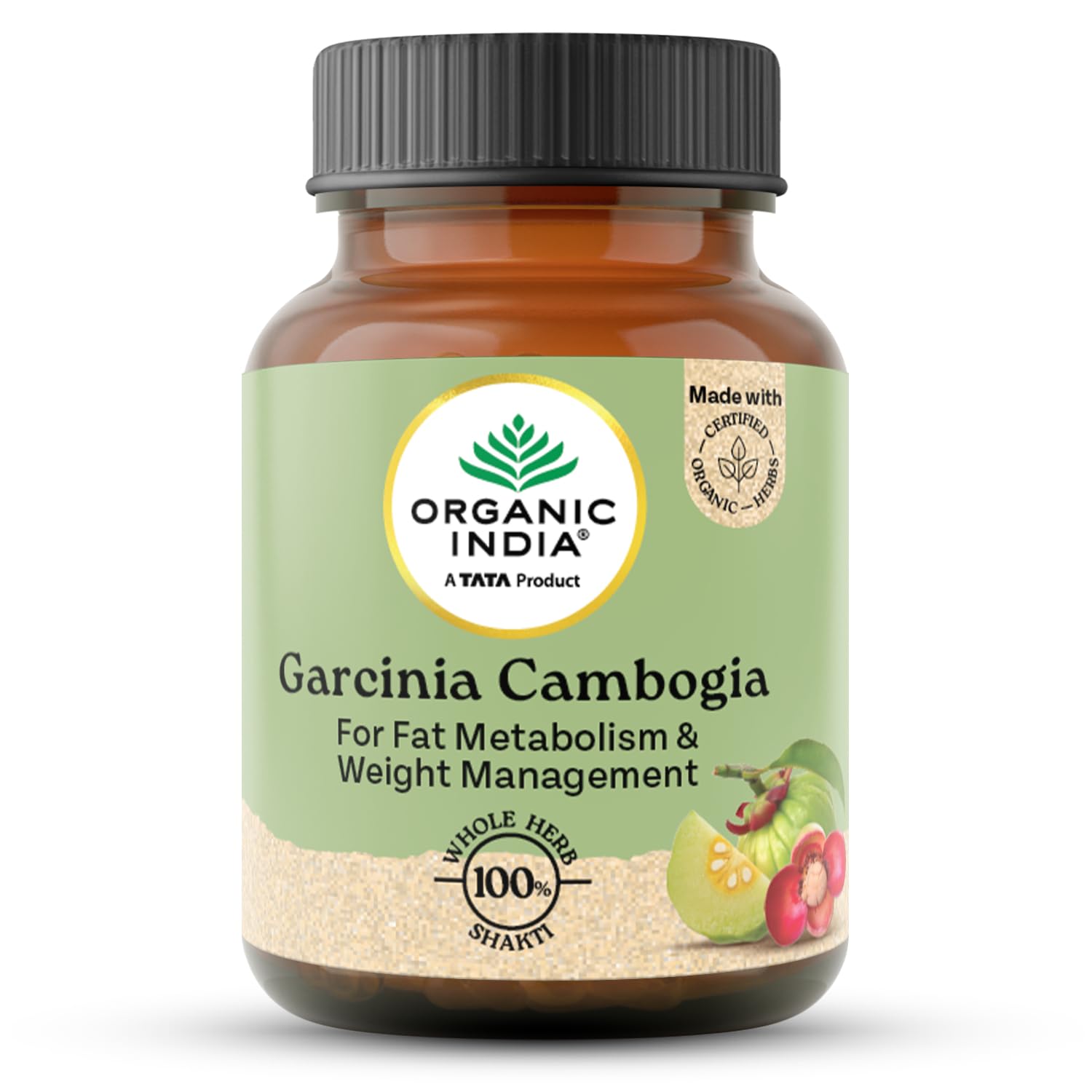 Bottle of Organic India Garcinia Cambogia plant-based capsules
