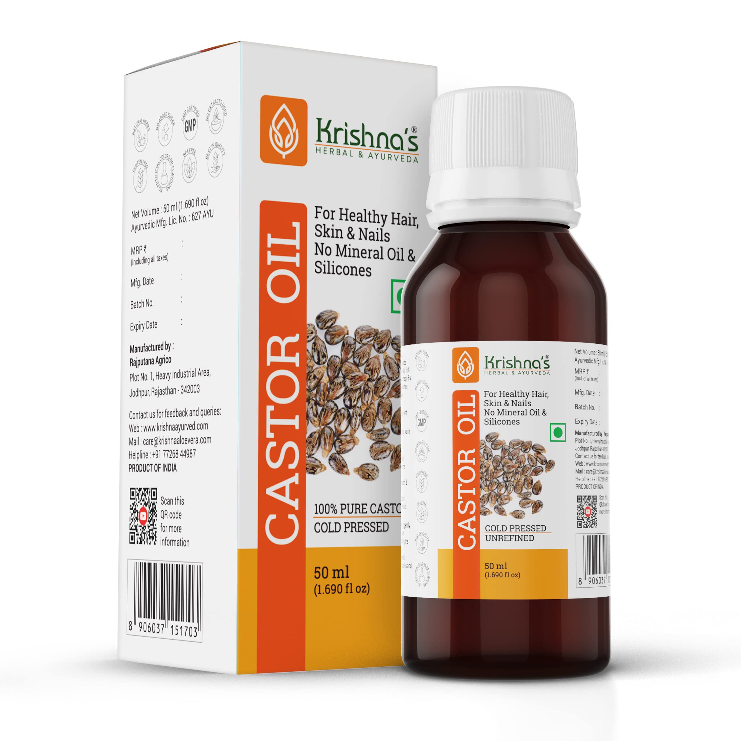 Krishna's herbal castor oil bottle for hair, skin, and nails