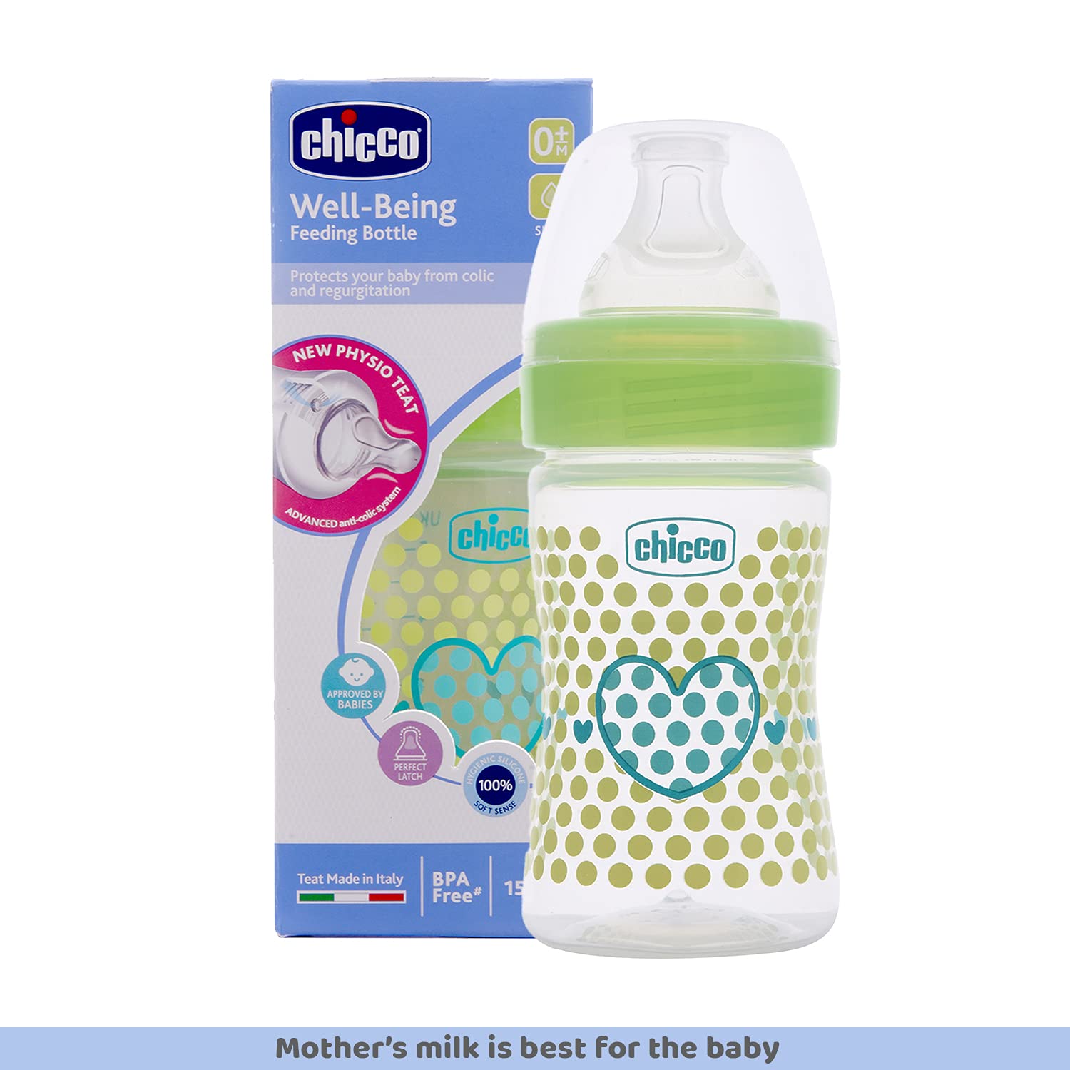Chicco Well-Being 150 ml Feeding Plastic Bottle, Advanced Anti-Colic System, BPA Free, Hygienic Silicone Teat (Green) – view 2