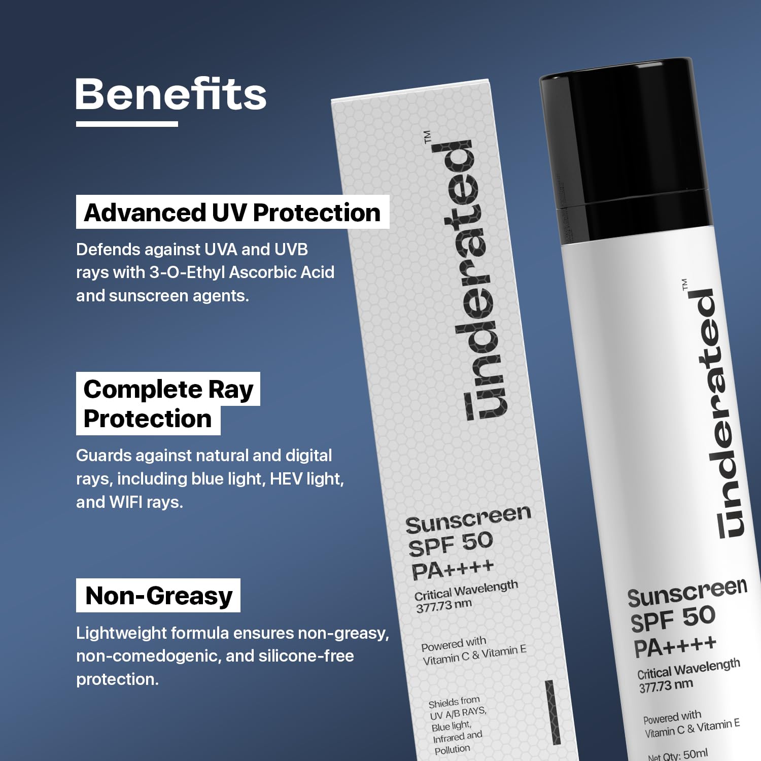 Underated Sunscreen SPF 50 PA++++ Powered With Vitamin C & Vitamin E For Broad Spectrum UV A, UV B & Blue Light Protection – view 3