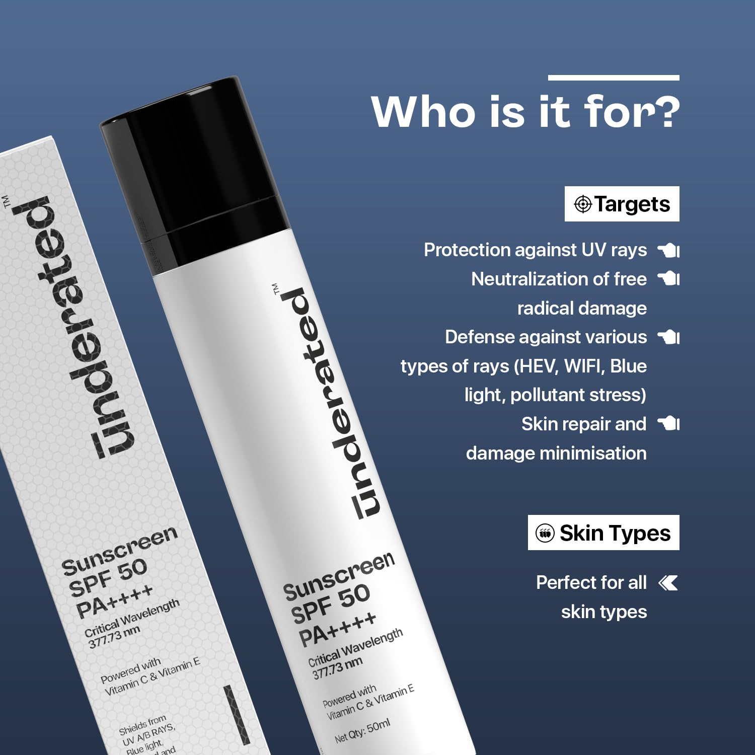Underated Sunscreen SPF 50 PA++++ Powered With Vitamin C & Vitamin E For Broad Spectrum UV A, UV B & Blue Light Protection – view 5