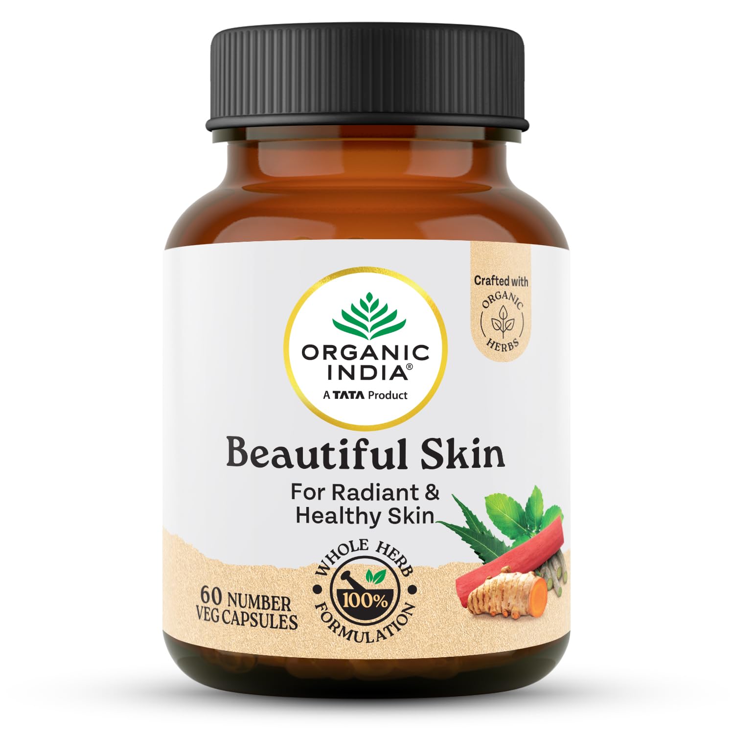 Bottle of Organic India Beautiful Skin Capsules herbal supplement