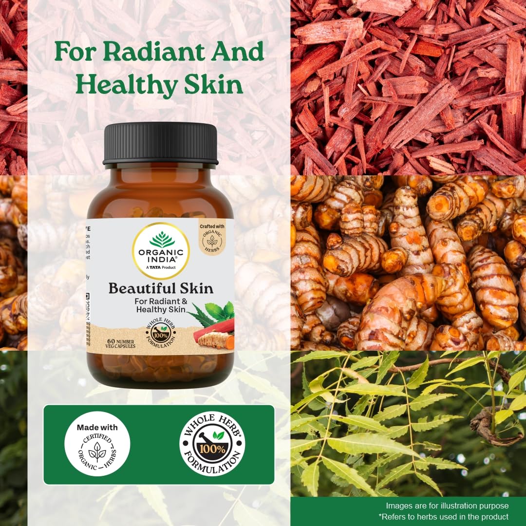 A TATA Product - Organic India Beautiful Skin Capsules - 60 Veg Caps, For Healthy, Radiant & Glow, Helps Rejuvenate Skin & Naturally Purify The Blood, GMP & NPOP Certified Organic – view 3