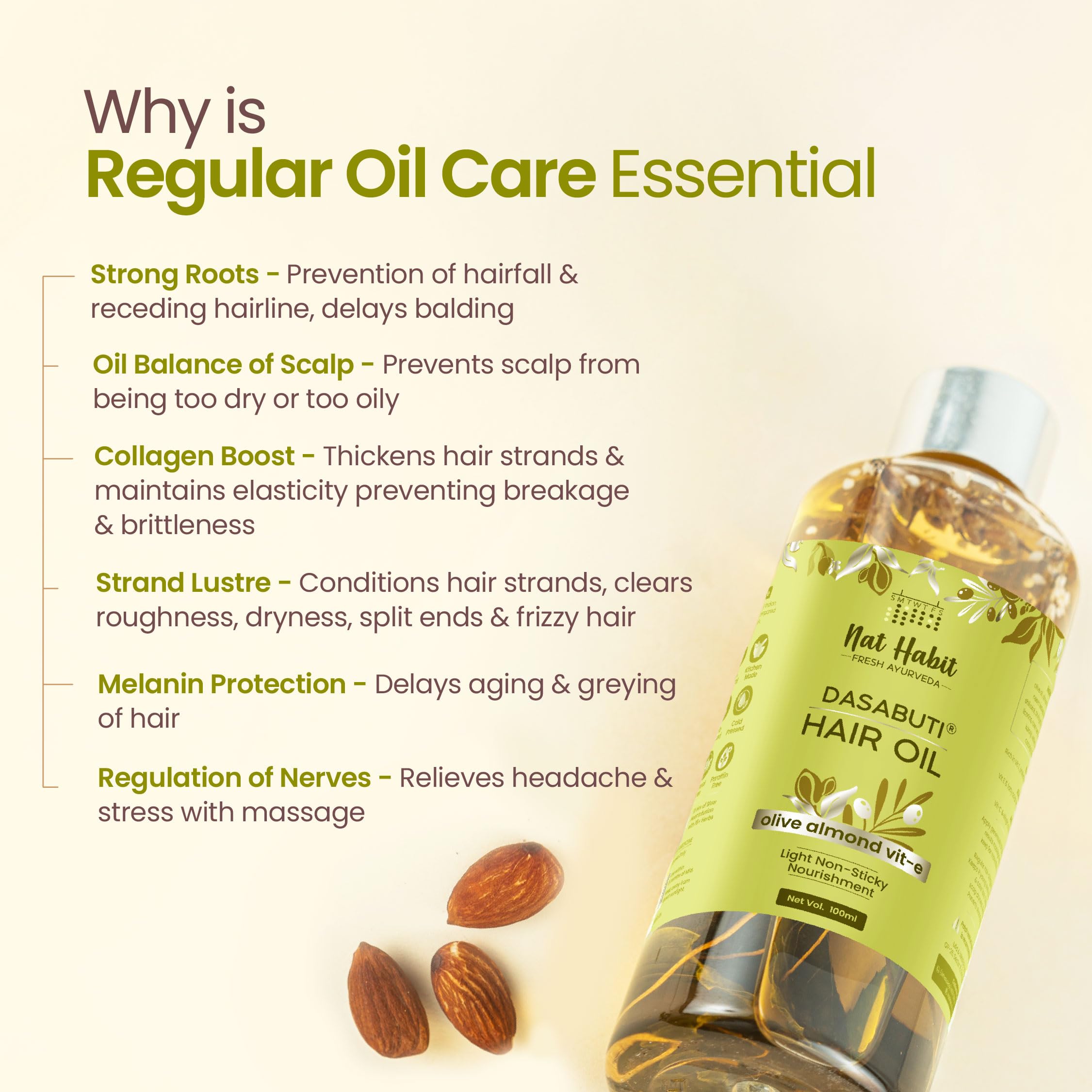Nat Habit Olive Almond Light Hair Oil With Vitamin E for Women & Men, All Hair & Scalp Types, No Paraffin, Mineral Oil, Preservatives & Chemicals, 100ml – view 3