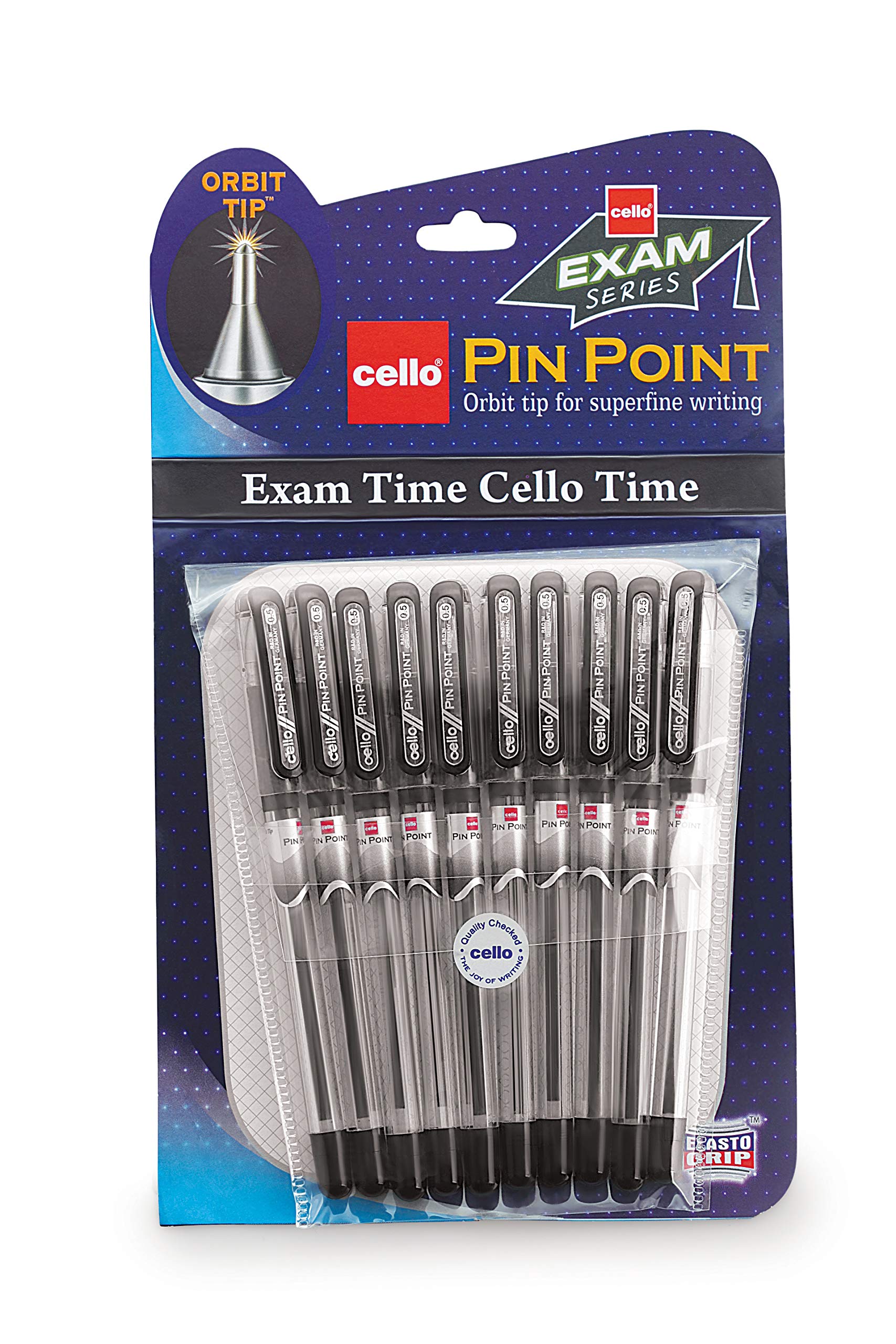 Ten Cello Pinpoint black ball pens with round lightweight bodies