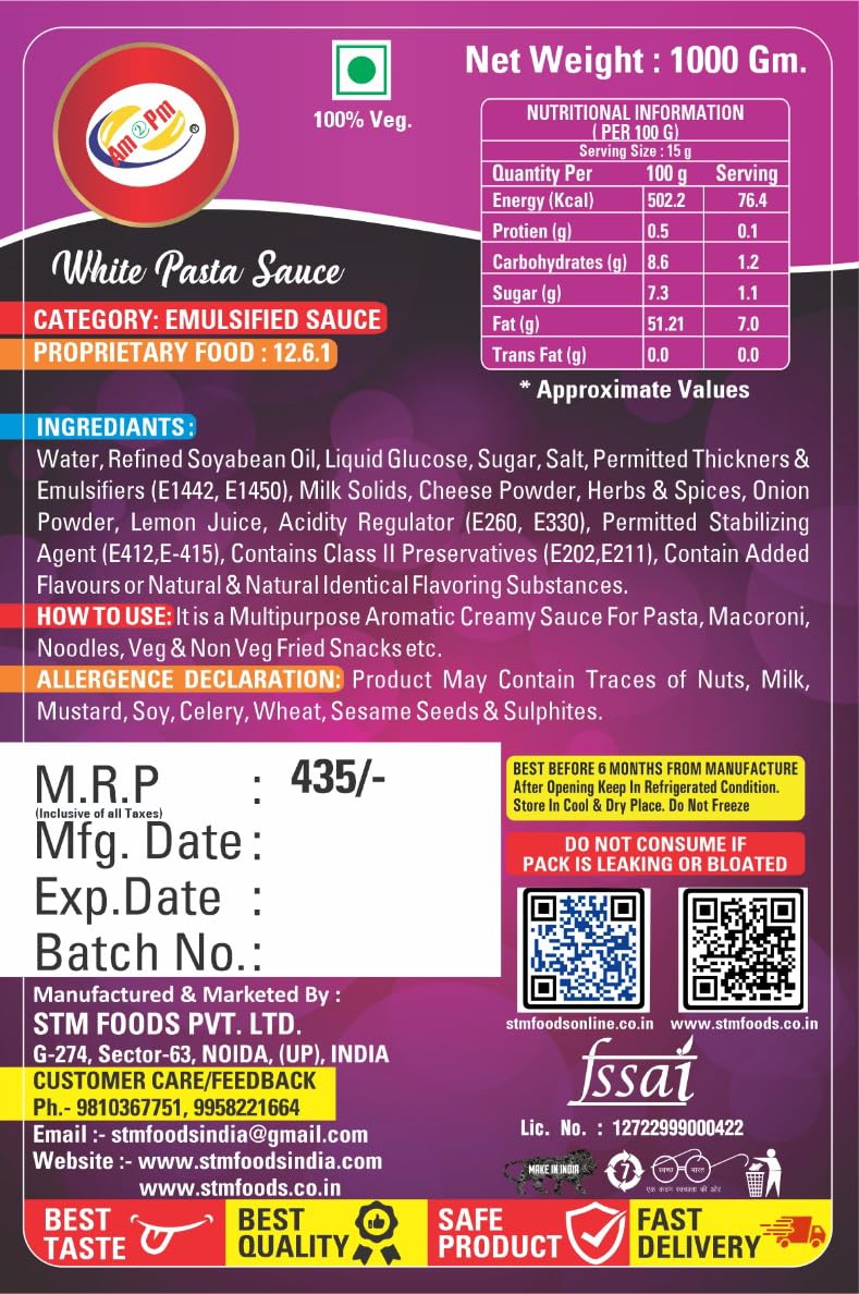 Am 2 Pm - White Pasta Sauce 1kg Creamy Sauce For Pasta Macoroni Noodles,Veg Fried Snack - 1Kg – view 3