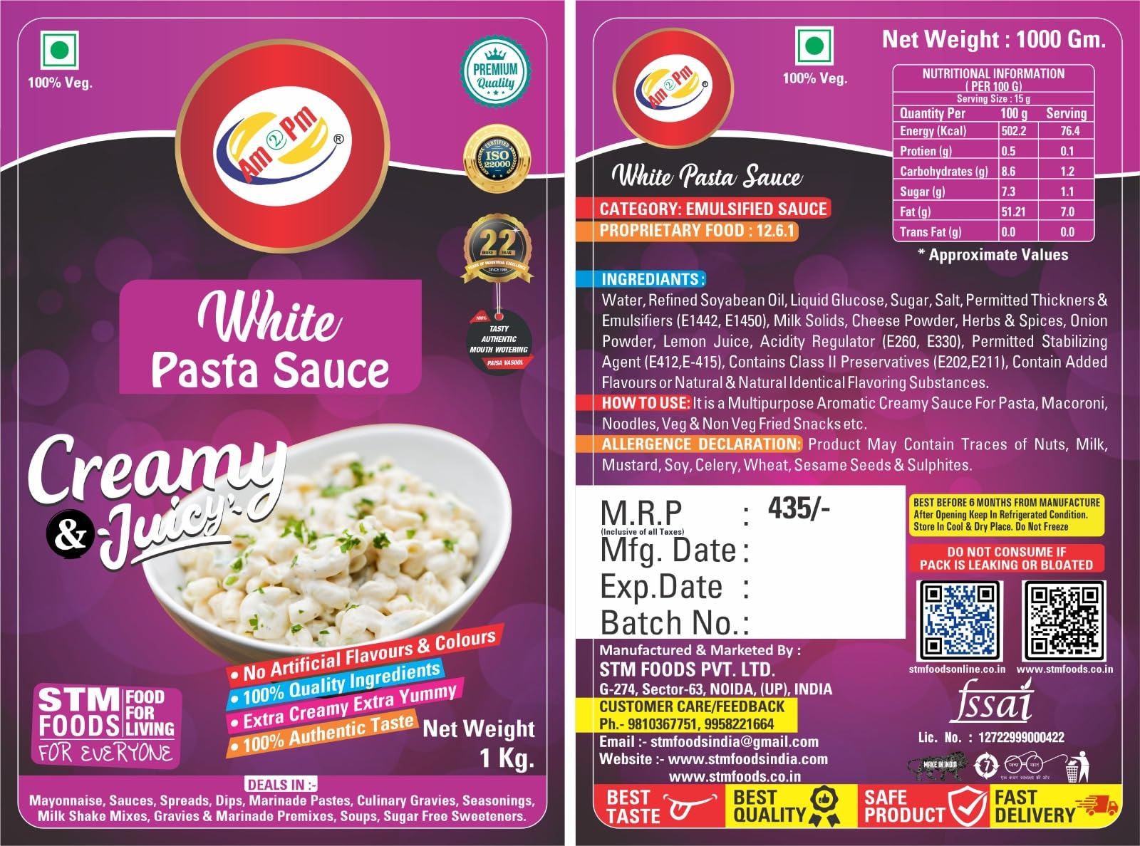 Am 2 Pm - White Pasta Sauce 1kg Creamy Sauce For Pasta Macoroni Noodles,Veg Fried Snack - 1Kg – view 5