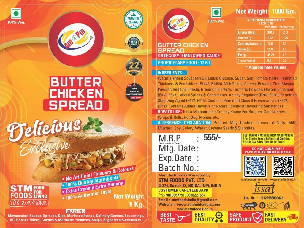 Am 2 Pm - Butter Chicken Spread Multiopurpose Creamy Sauce For Burgers, Sandwiches Salad Dressing,Veg Non Veg Fried Snack Wraps & Rolls Hot Dog Momos - 1Kg – view 6