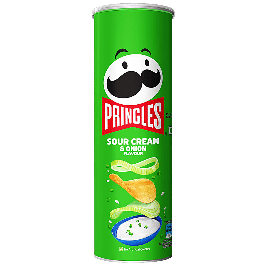 Front view of Pringles Sour Cream & Onion chips can
