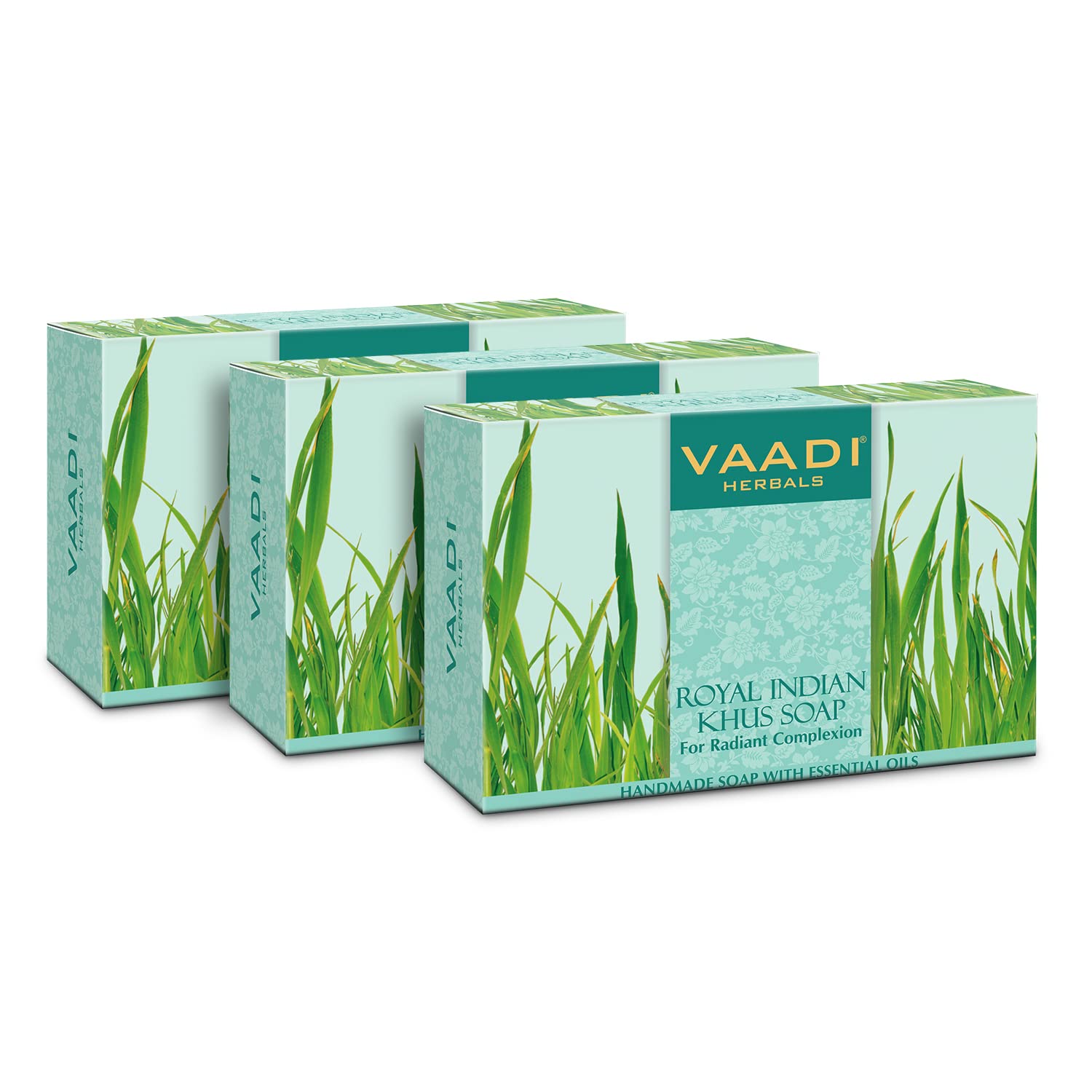 Green Vaadi Herbals khus soap box with three 75 g bars