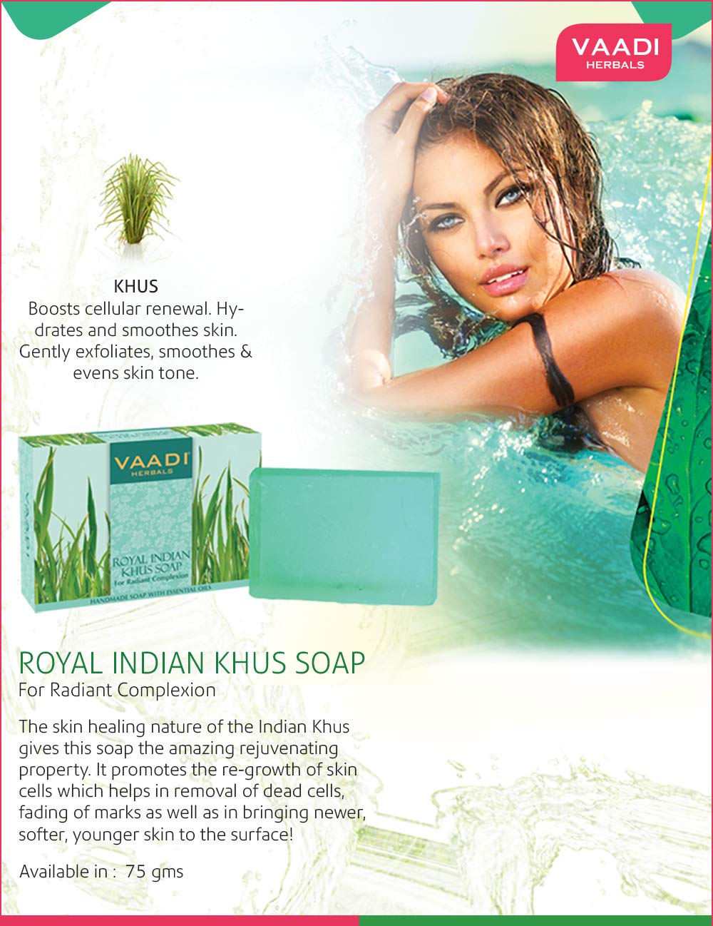 Vaadi Herbals Royal Indian Khus Soap with Olive and Soyabean Oil, 3 x 75g – view 2